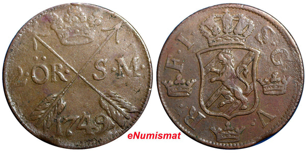 SWEDEN COPPER Frederick I 1749 2 Ore,S.M.Struck at Avesta Mint CHOICE KM437/2336