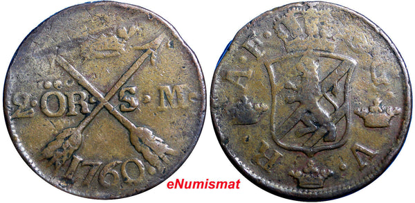 SWEDEN COPPER Adolf Frederick 1760 2 Ore,S.M Low Mintage:558,000  KM#461 (2359)