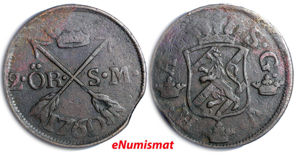 Sweden Adolf Frederick Copper 1760 2 Ore, S.M. Mintage-558,000 KM# 461 (4549)