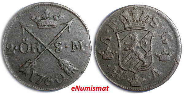 Sweden Adolf Frederick Copper 1760 2 Ore, S.M. Mintage-558,000 KM# 461 (4550)