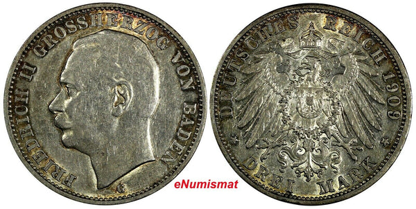 Germany BADEN Friedrich II Silver 1909 G 3 Mark Toned 33mm ch.XF/aUNC KM#280/089