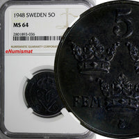 Sweden Gustaf V Iron 1948 5 ORE NGC MS64 BU COIN 27 mm KM# 812