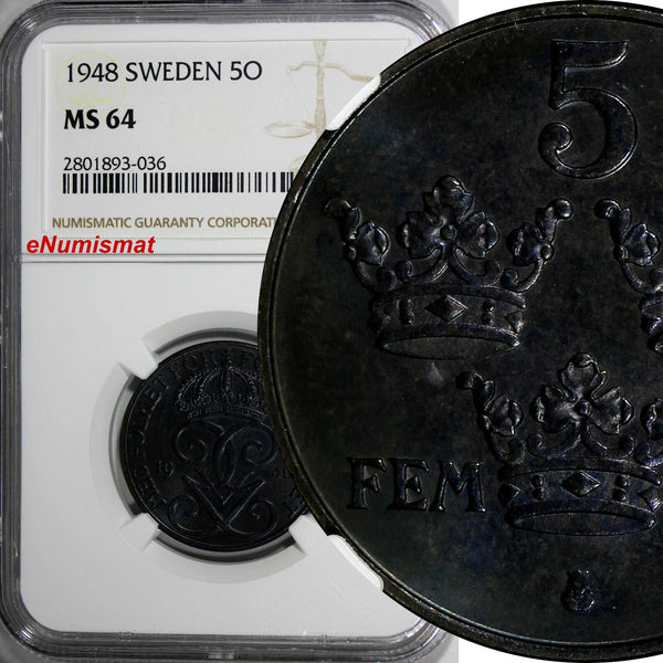 Sweden Gustaf V Iron 1948 5 ORE NGC MS64 BU COIN 27 mm KM# 812