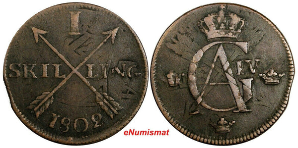 SWEDEN Gustaf IV Adolf 1802 1 Skilling OVERSTRUCK on 2 Ore (1743-1768) KM# 566