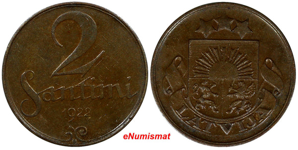 Latvia Bronze 1922 2 Santimi Without Mint Name below Ribbon Better Variety KM# 2