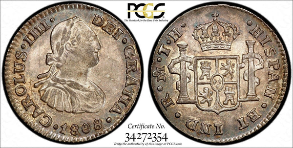 MEXICO SPANISH COLONY Charles IV SILVER 1808 MO TH 1/2 Real PCGS AU DETAIL KM-72