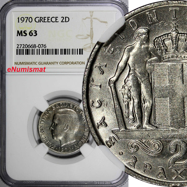 GREECE Constantine II Copper-Nickel 1970 2 Drachmai NGC MS63 KM# 90