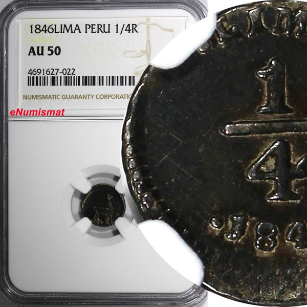 Peru Silver 1846 1/4 Real Lima Mint NGC AU50 DARK TONING   KM#143.1