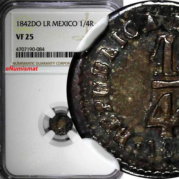 MEXICO Silver 1842 DO LR 1/4 Real Quarto NGC VF25 Durango Mint SCARCE KM# 368.2