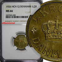 Denmark Christian X 1926 HCN GJ  1/2 Krone NGC MS66  KEY DATE KM831.1