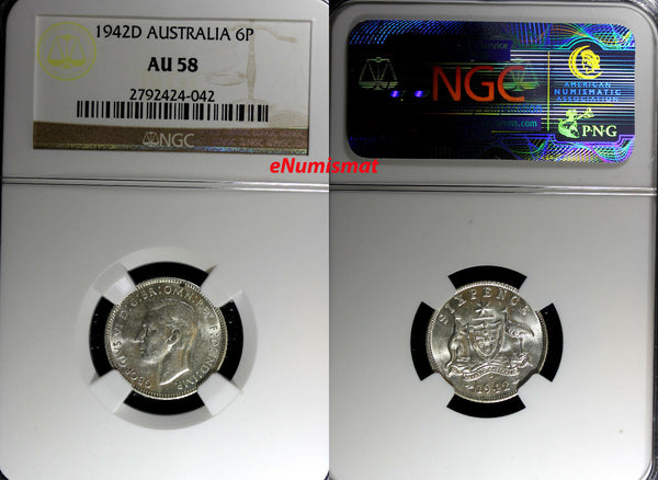 AUSTRALIA George VI Silver 1942  6 Pence NGC AU58  KM# 38 (042)