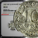 Denmark Frederik VIII Silver 1907 VBP GJ 10 Ore NGC MS64 BETTER DATE KM# 807