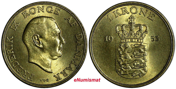 DENMARK Frederik IX Aluminum-Bronze 1953 NS 1 Krone KEY DATE UNC KM# 837.1