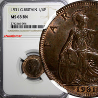 Great Britain George V Bronze 1931 Farthing NGC MS63 BN  S-4061 KM825