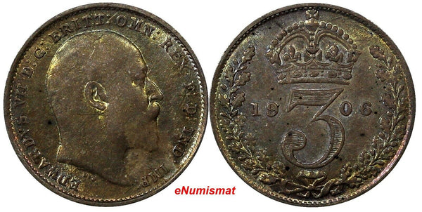 Great Britain Edward VII Silver 1906 3 Pence XF Toned Better Date KM# 797.2