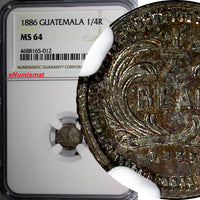 Guatemala Silver 1886 1/4 Real NGC MS64 LAST YEAR TYPE KM# 151