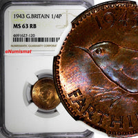 Great Britain George VI Bronze 1943 Farthing NGC MS63 RB KM# 843