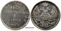 Poland Russia Nicholas I Silver 1838 НГ Zloty 15 Kopeks BETTER DATE C# 129