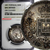 Portugal Carlos I Silver 1891 500 Reis NGC UNC DETAILS Nice Toned 30mm KM# 535