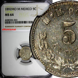 Mexico SECOND REPUB.Silver 1892 MO M 5 Centavos NGC MS64 Mexico city KM# 398.7
