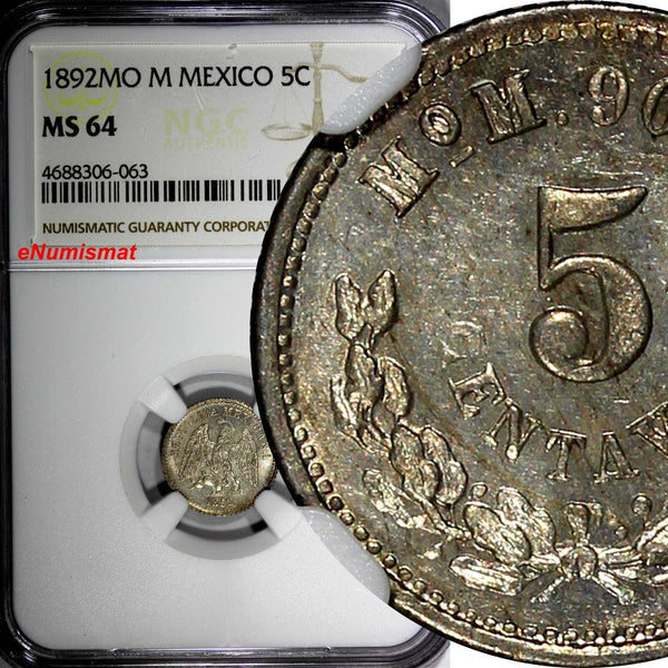 Mexico SECOND REPUB.Silver 1892 MO M 5 Centavos NGC MS64 Mexico city KM# 398.7
