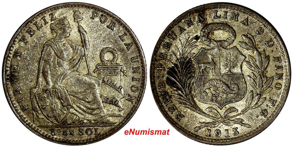 PERU Silver 1913 FG-R 1/5 Sol Mintage-223,000 XF Condition Toned KM#205.2(13581)