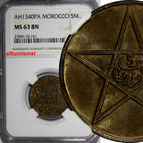 Morocco Yusuf Bronze AH1340 (1921)  PA 5 Mazunas NGC MS63 BN PARIS MINT Y# 28.1