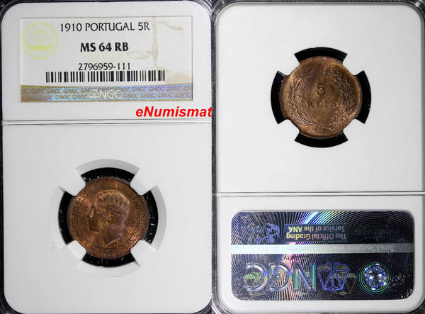 Portugal Manuel II Bronze 1910 5 Reis NGC MS64 RB RED TONING KM# 555