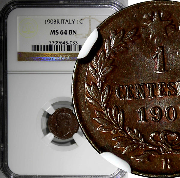 Italy Vittorio Emanuele III Bronze 1903 R 1 Centesimo NGC MS64 BN KM# 35