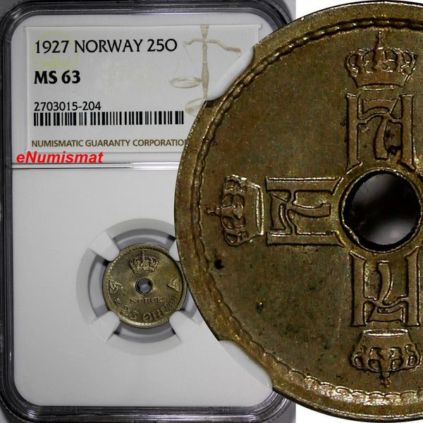 Norway Haakon VII 1927 25 Ore NGC MS63 Center Hole BETTER DATE KM# 384