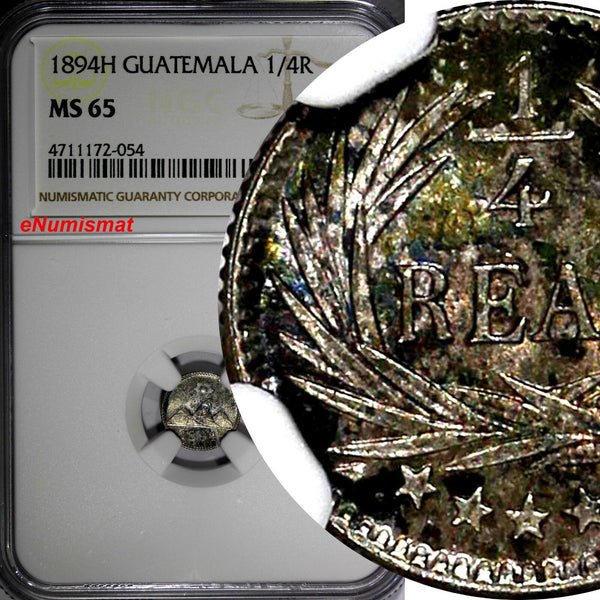 GUATEMALA Silver 1894 H 1/4 Real NGC MS65 Mintage-800,000  TONED KM# 162