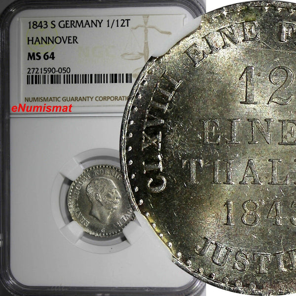 Germany HANNOVER Ernst August Silver 1843-S 1/12 Thaler NGC MS64 KM# 194.1 (050)