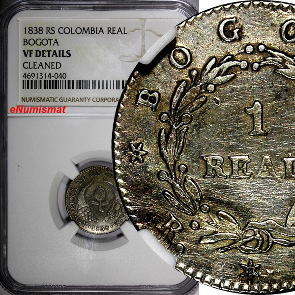 COLOMBIA BOGOTA Nueva Granada Silver 1838 RS 1 Real NGC VF DETAILS RARE KM# 91.1