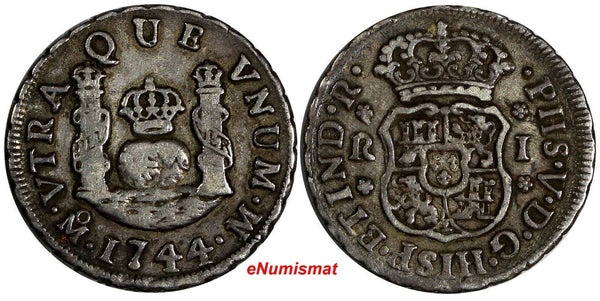 Mexico SPANISH COLONY Philip V Silver 1744 M 1 Real SCARCE KM# 75.2