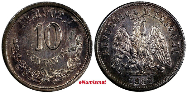 Mexico SECOND REP. Silver 1883/2 Mo M 10 Centavos OVERDATE UNC  KM# 403.7
