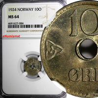 Norway Haakon VII Copper-Nickel 1924 10 Ore NGC MS64 1st YEAR TYPE KM# 383