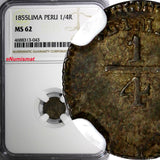 Peru Silver 1855 1/4 Real Lima Mint  NGC MS62  Llama KM143.1