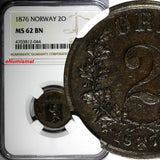 Norway Bronze 1876 2 Ore NGC MS62 BN 1st Year Type Better Date KM# 353