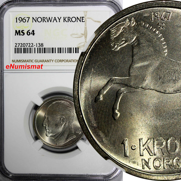 NORWAY OLAV V (1957-1991) 1967 1 Krone NGC MS64 TOP GRADED BY NGC KM# 409