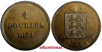 Guernsey Bronze 1874 4 Doubles aUNC Condition Toning Low Mintage-69,000 KM# 5