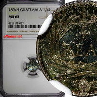 GUATEMALA Silver 1894 H 1/4 Real NGC MS65 Mintage-800,000 RAINBOW TONED KM# 162