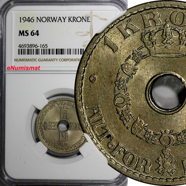 Norway Haakon VII Copper-Nickel 1946 1 Krone NGC MS64 LIGHT TONED SCARCE KM# 385
