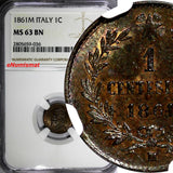 ITALY Vittorio Emanuele II Copper 1861-M Centesimo NGC MS63 BN KM# 1.1