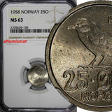 Norway Olav V Copper-Nickel 1958 25 Øre NGC MS63 KEY DATE 1st Year Type KM# 407
