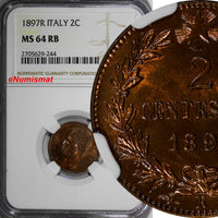 Italy Umberto I Copper 1897-R 2 Centesimi NGC MS64 RB Nice Toning KM# 30