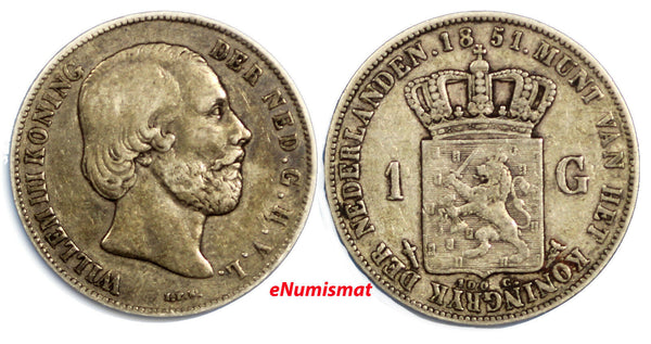 Netherlands William III Silver 1851 1 Gulden Better Date Toned 28mm KM# 93