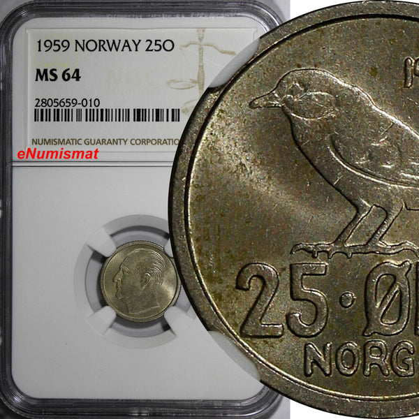 Norway Olav V Copper-Nickel 1959 25 Ore NGC MS64 BETTER DATE  KM# 407