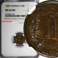 Norway Oscar II Bronze 1889 1 Ore NGC MS62 BN KM# 352