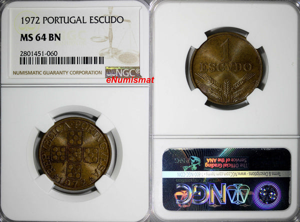 Portugal Bronze 1972 1 Escudo NGC MS64 BN 26mm KM# 597
