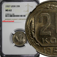 RUSSIA USSR Copper-Nickel 1957 20 Kopeks NGC MS62 Y# 125